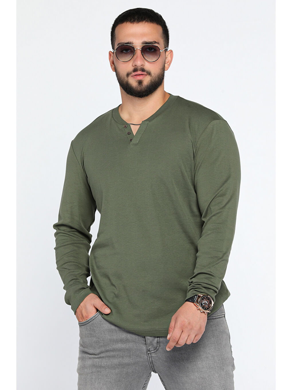 Mishar İtalia Haki Yaka Düğme Detaylı Erkek Body Sweatshirt