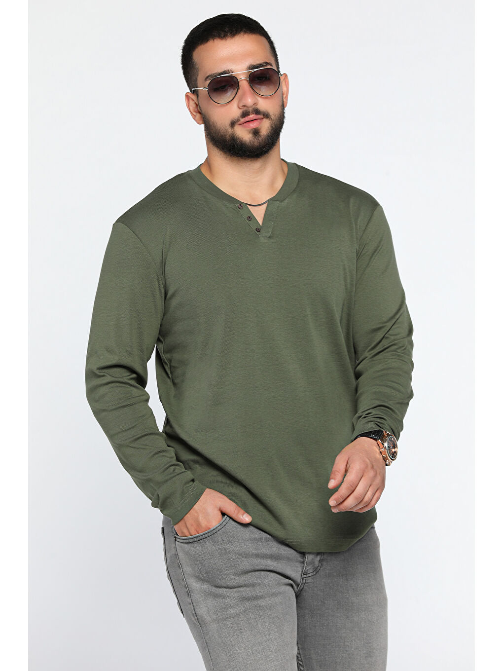 Mishar İtalia Haki Yaka Düğme Detaylı Erkek Body Sweatshirt - 1