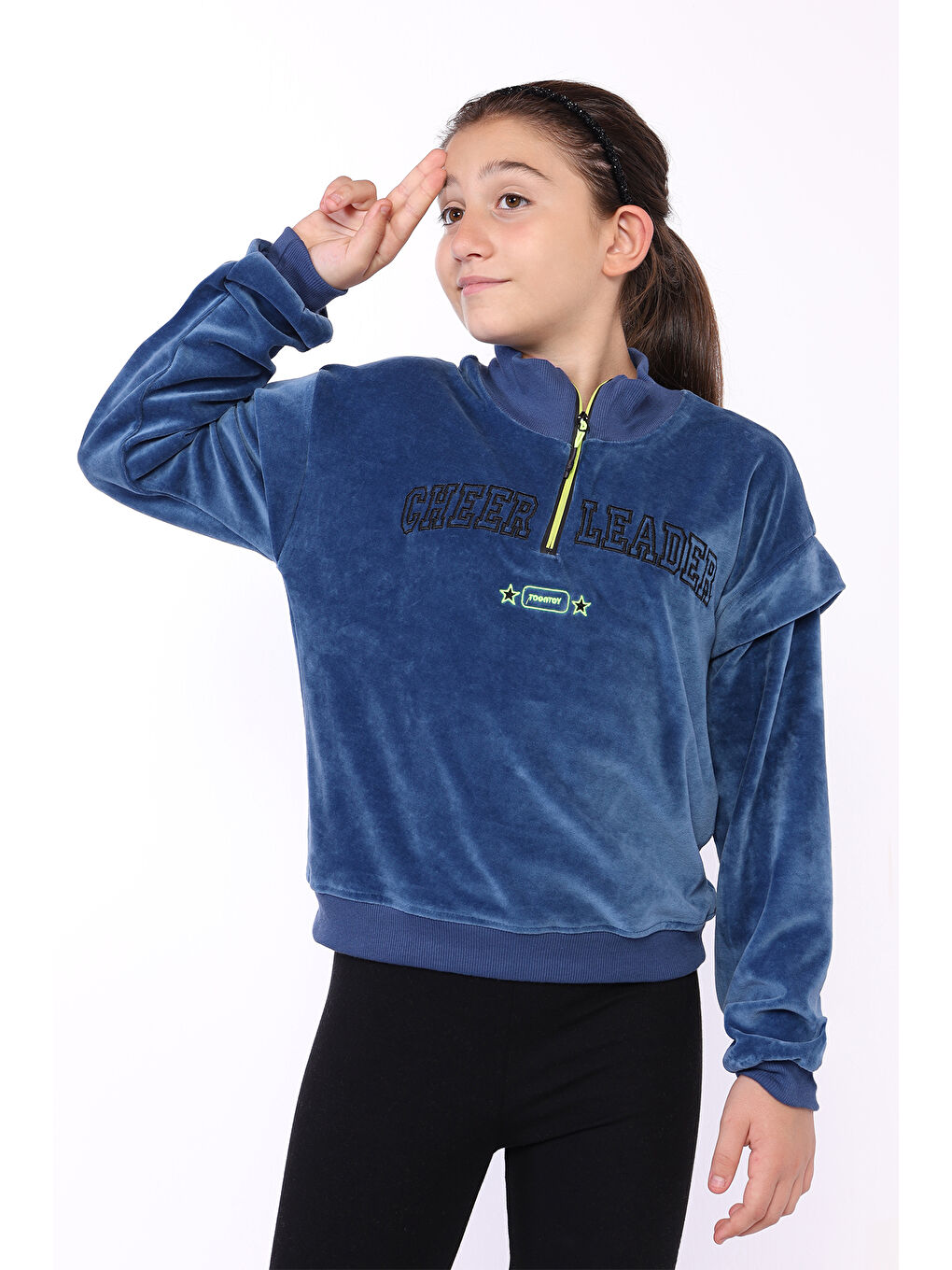 Toontoykids Lacivert Kız Çocuk Fermuar Detaylı Nakışlı Kadife Sweatshirt