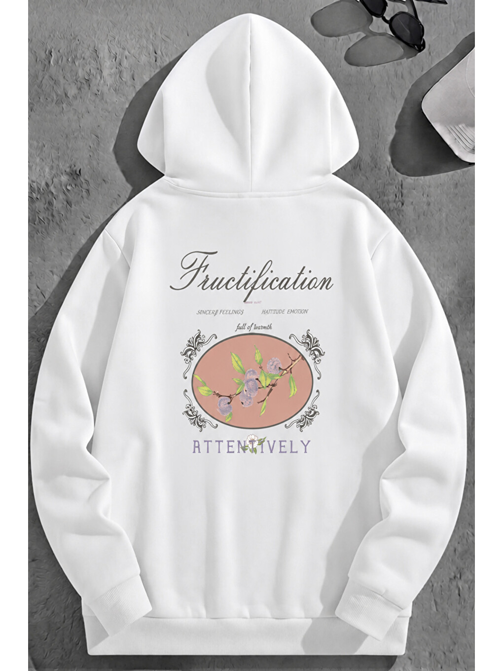 Unisex 3 İplik Pamuklu Beyaz Fructifaticion Baskı Bol Kalıp Sweatshirt Hoodie