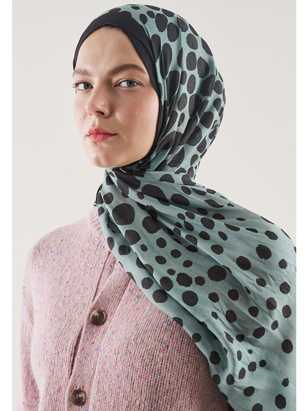 Yeşil Polka Dots Desen Rami Şal Okyanus-1