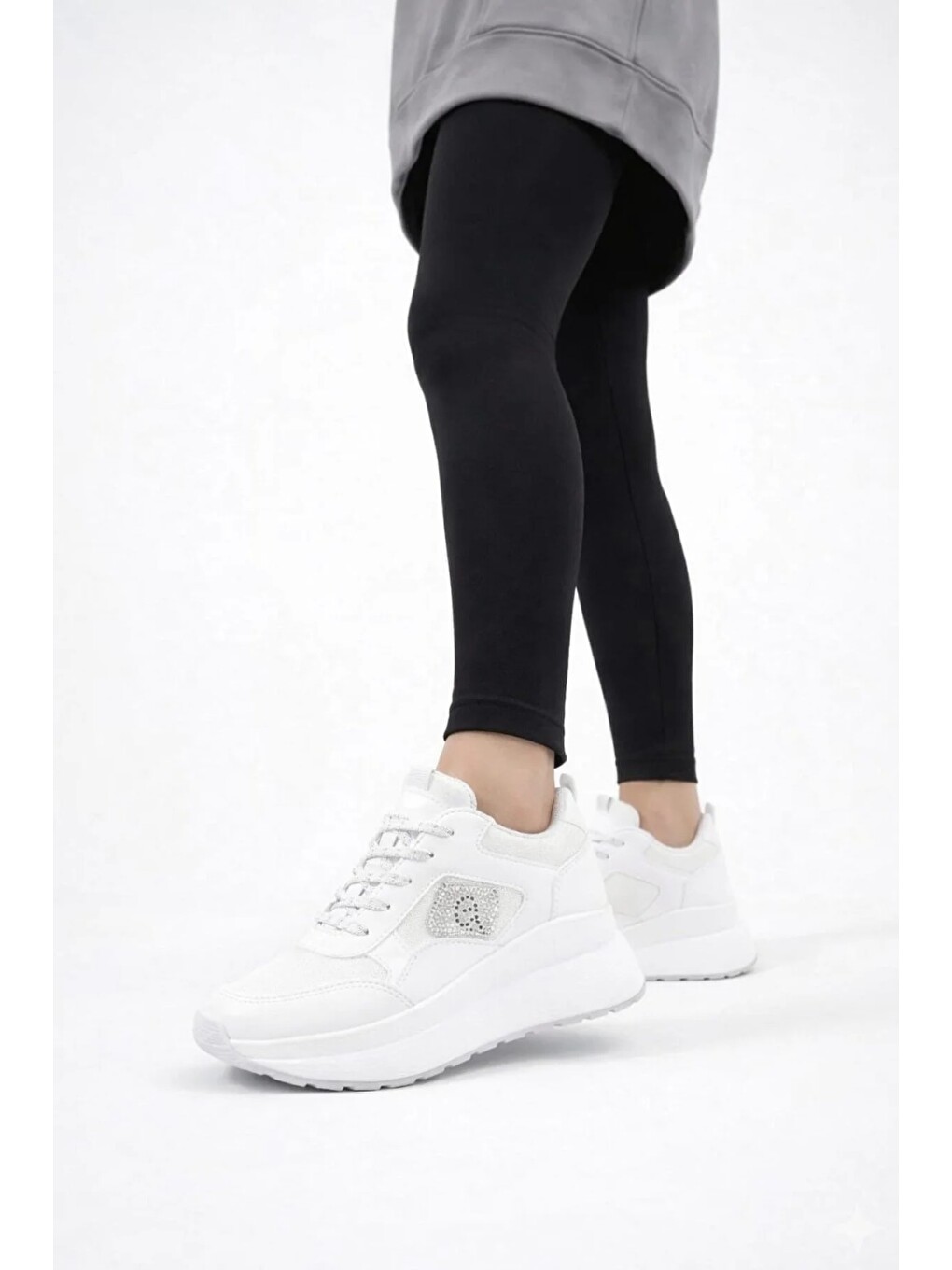Beyaz Taşlı Işıltılı Trend 5 Cm Platform Kadın Sneaker Kalın Taban Spor Ayakkabı-2