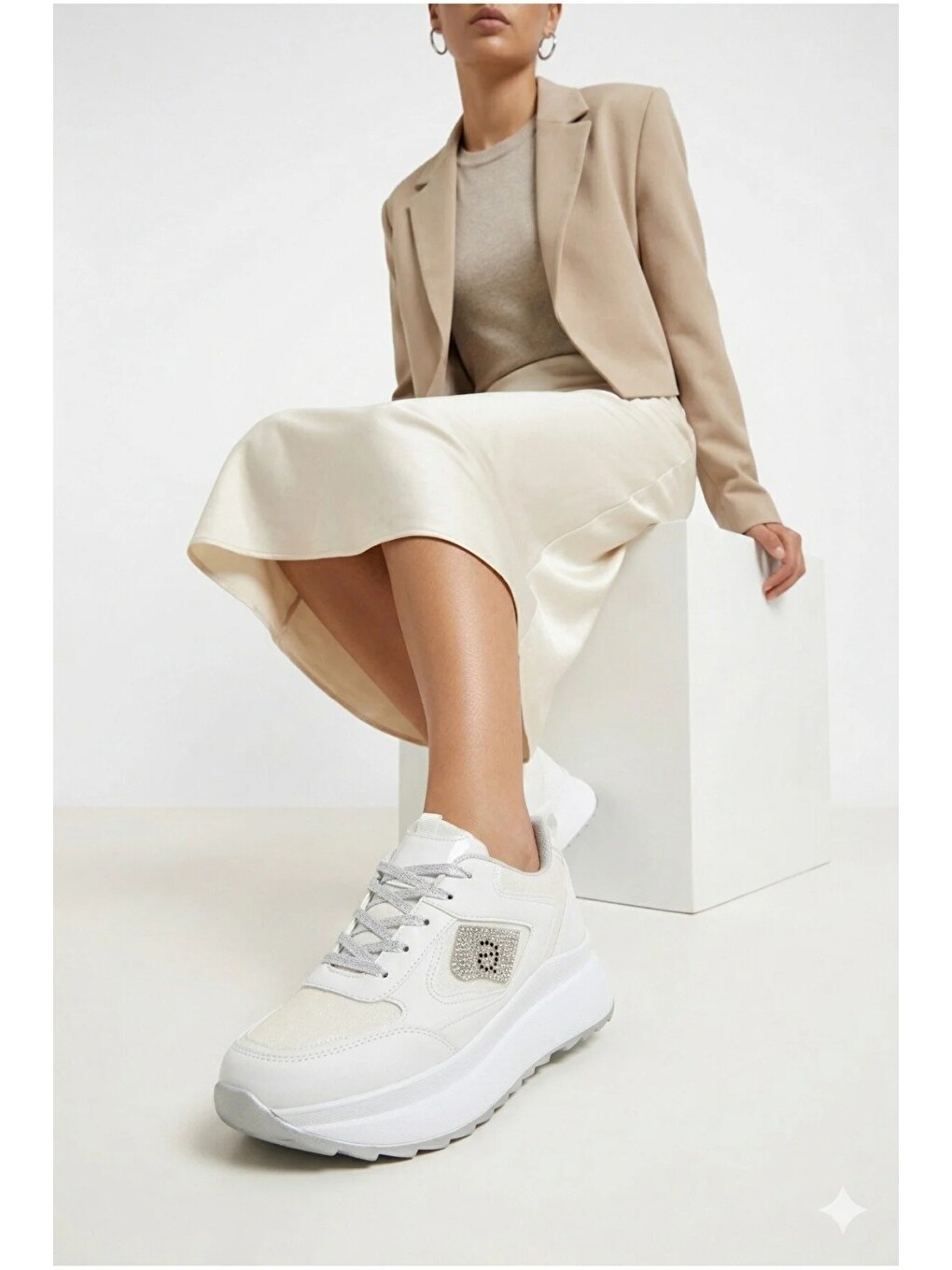 Beyaz Taşlı Işıltılı Trend 5 Cm Platform Kadın Sneaker Kalın Taban Spor Ayakkabı-3