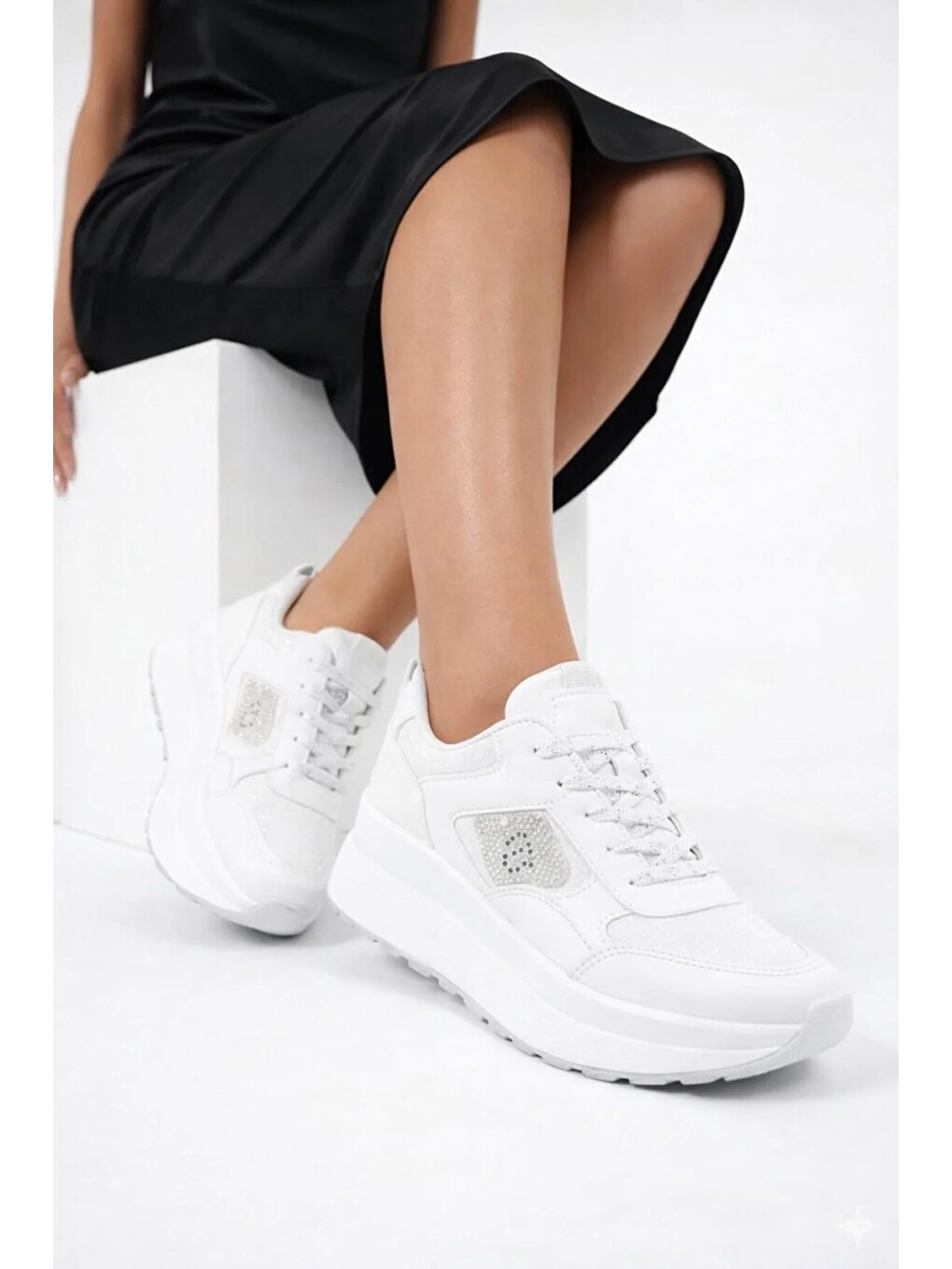 Beyaz Taşlı Işıltılı Trend 5 Cm Platform Kadın Sneaker Kalın Taban Spor Ayakkabı-4