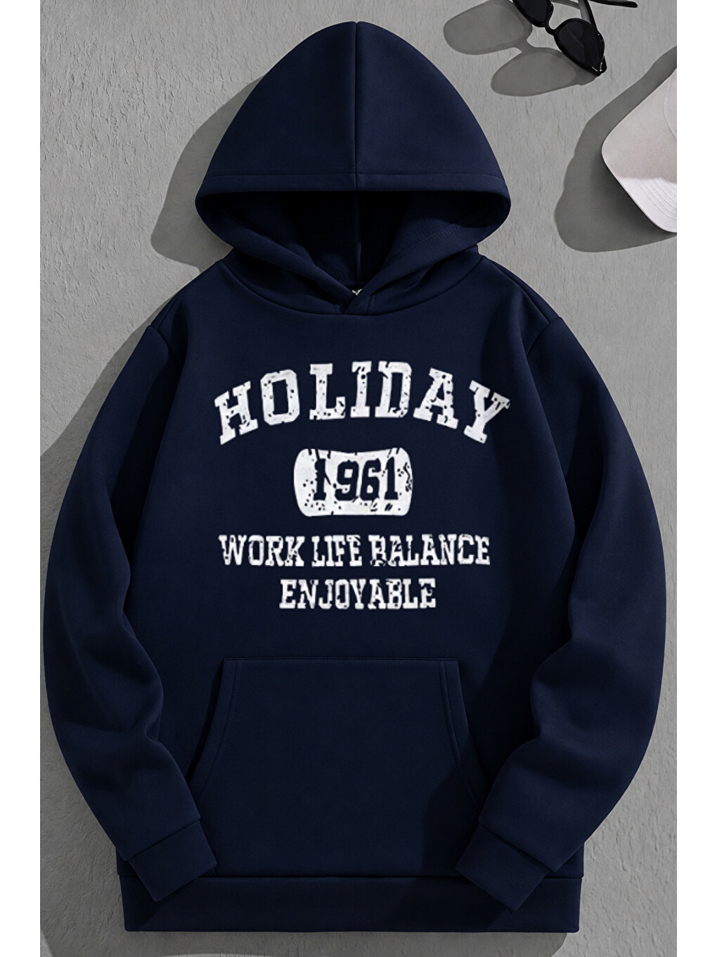 Unisex 3 İplik Pamuklu Lacivert Holiday Baskı Bol Kalıp Sweatshirt Hoodie
