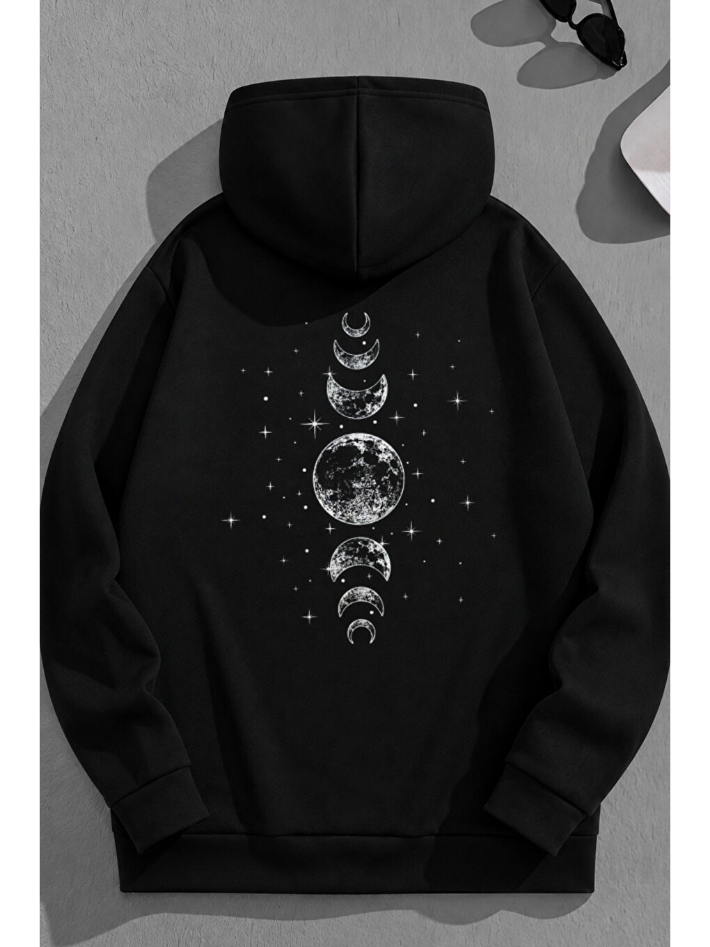 Unisex 3 İplik Pamuklu Siyah Ayevreler Baskı Bol Kalıp Sweatshirt Hoodie