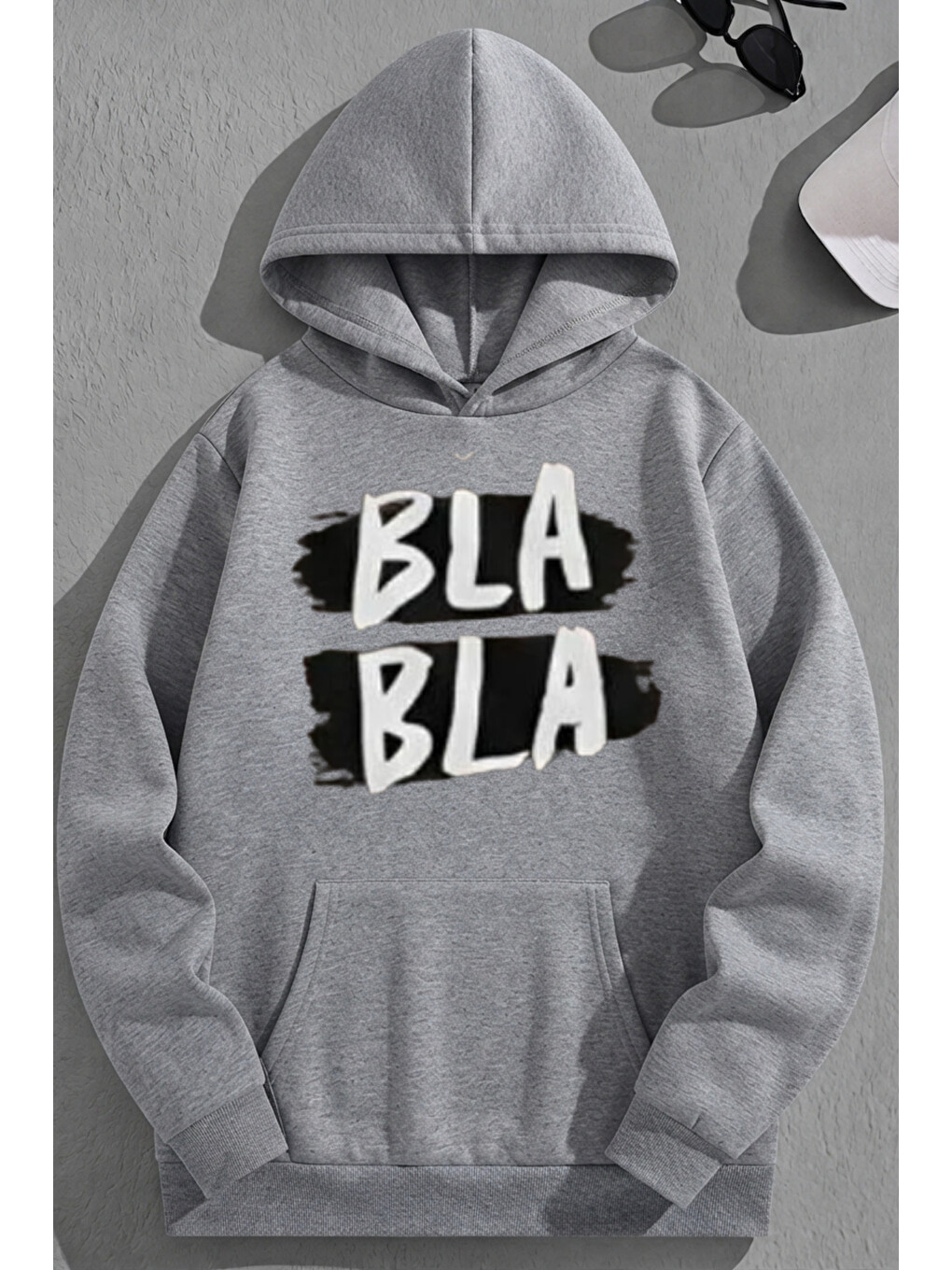 Unisex 3 İplik Pamuklu Gri Blabla Baskı Bol Kalıp Sweatshirt Hoodie