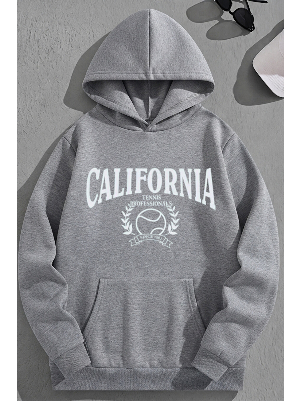 Unisex 3 İplik Pamuklu Gri Califtennis Baskı Bol Kalıp Sweatshirt Hoodie