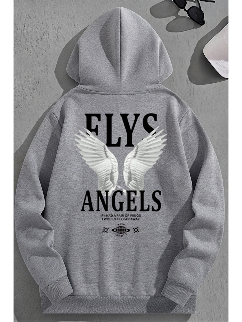 Unisex 3 İplik Pamuklu Gri Flys Baskı Bol Kalıp Sweatshirt Hoodie
