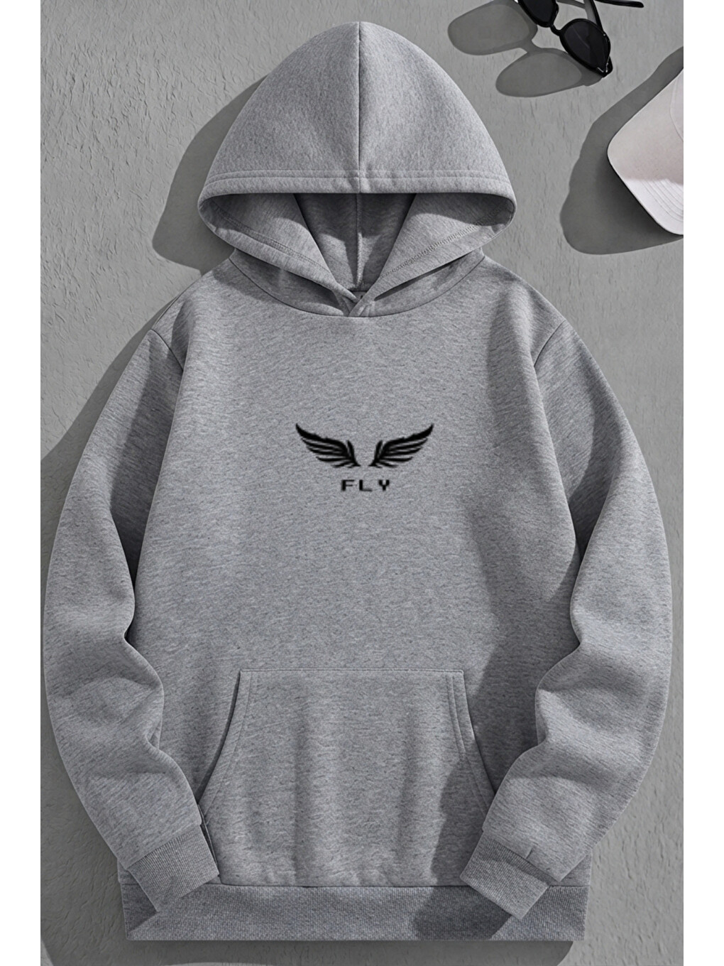 Unisex 3 İplik Pamuklu Gri Flys Baskı Bol Kalıp Sweatshirt Hoodie-1