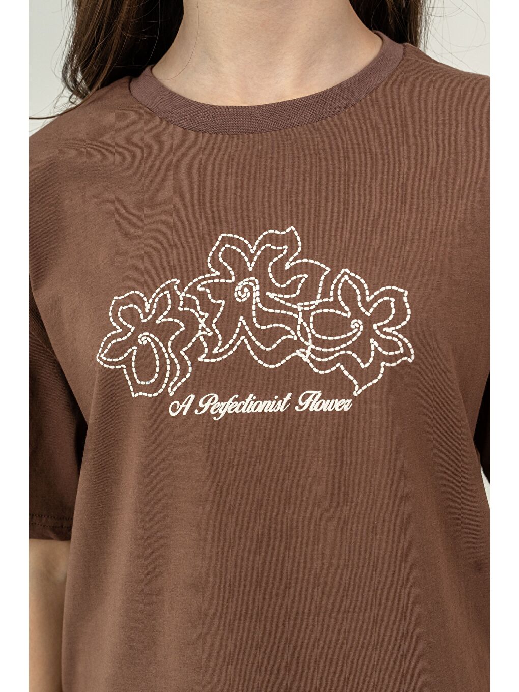 Kahverengi Üst Orta Baskılı Alt Tüm Alan Çiçek Baskılı Kız Çocuk Alt Üst Eşofman Takımı-3