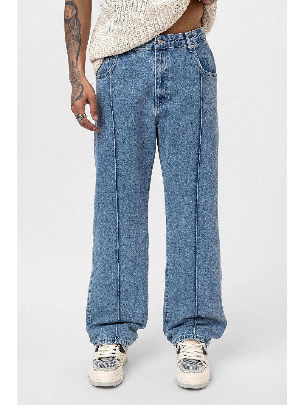 Dikiş Detaylı Relaxed Fit Jean Açık Mavi Melanj-2