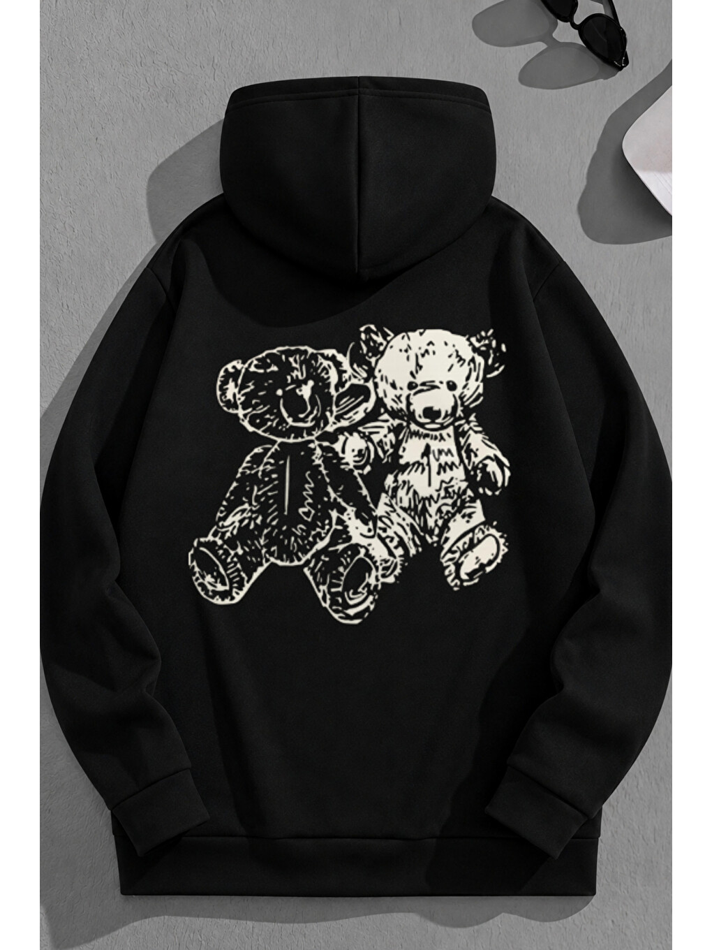 Unisex 3 İplik Pamuklu Siyah Doublebears Baskı Bol Kalıp Sweatshirt Hoodie