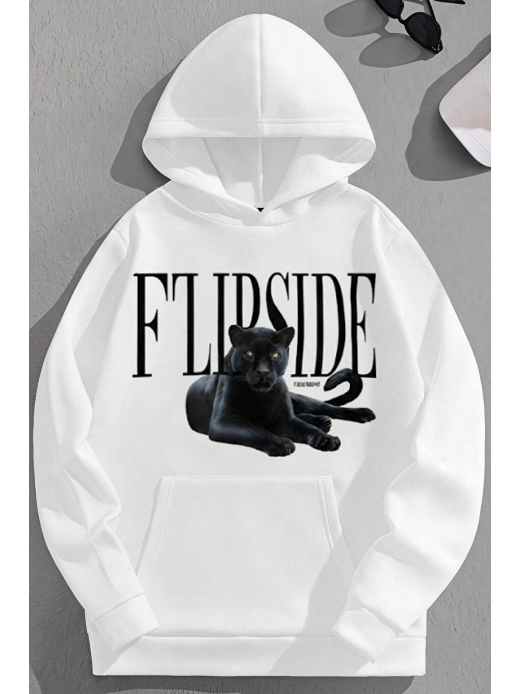 Unisex 3 İplik Pamuklu Beyaz Flipside Baskı Bol Kalıp Sweatshirt Hoodie