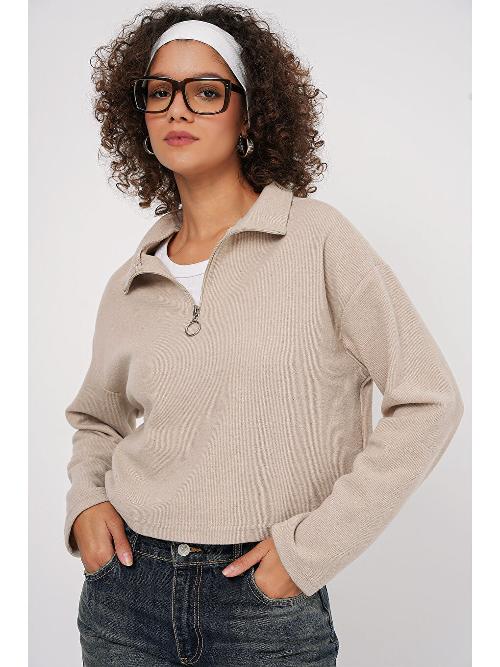 Bigdart Ekru 55449 Fermuarlı Yaka Örme Sweatshirt - Krem