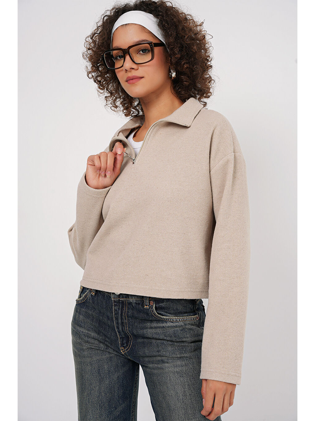 Bigdart Ekru 55449 Fermuarlı Yaka Örme Sweatshirt - Krem - 2