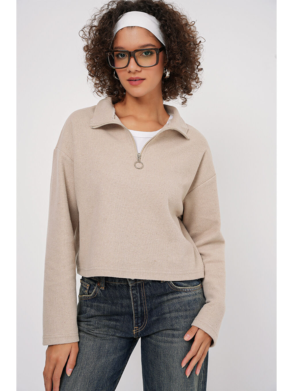 Bigdart Ekru 55449 Fermuarlı Yaka Örme Sweatshirt - Krem - 3