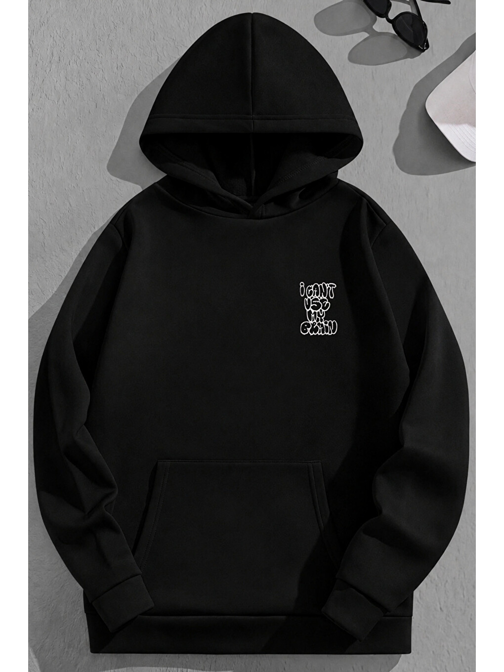 Unisex 3 İplik Pamuklu Siyah Usemybrain Baskı Bol Kalıp Sweatshirt Hoodie-1