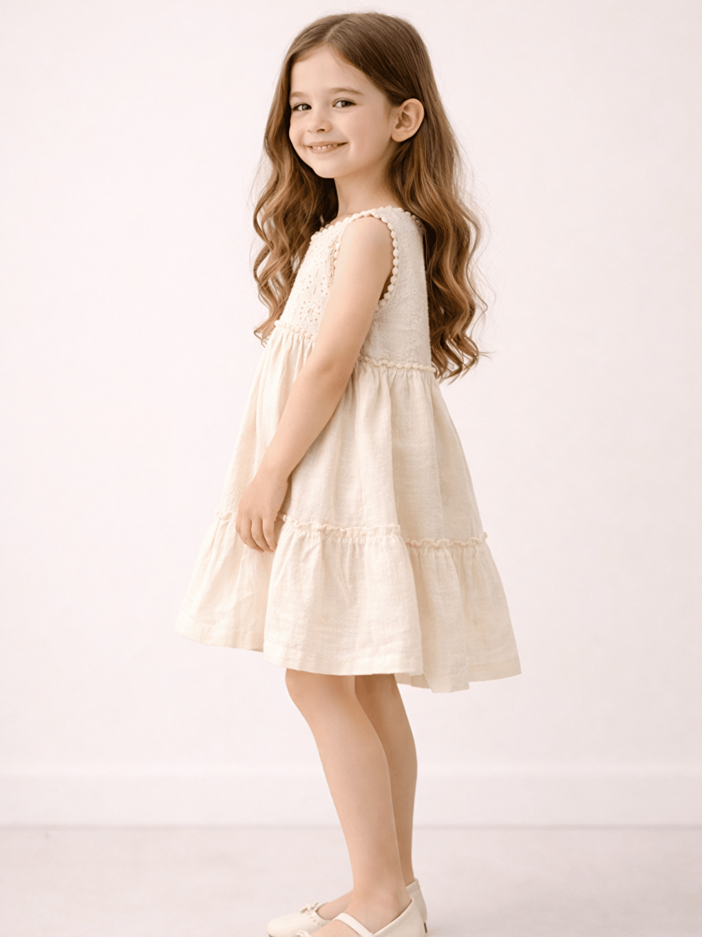 Ekru Bisiklet Yaka Kız Çocuk Elbise-1
