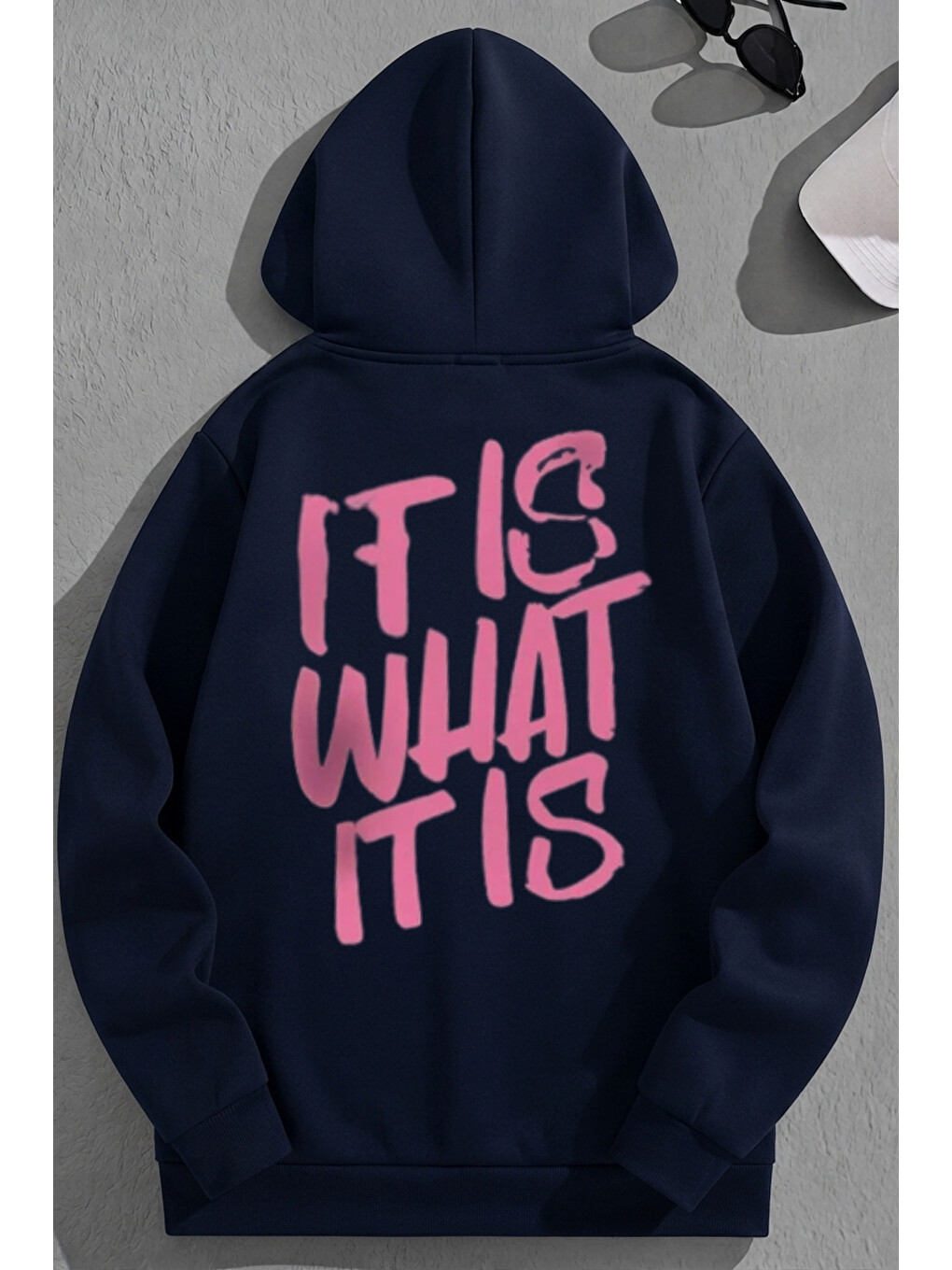 Unisex 3 İplik Pamuklu Lacivert Itıswhat Baskı Bol Kalıp Sweatshirt Hoodie