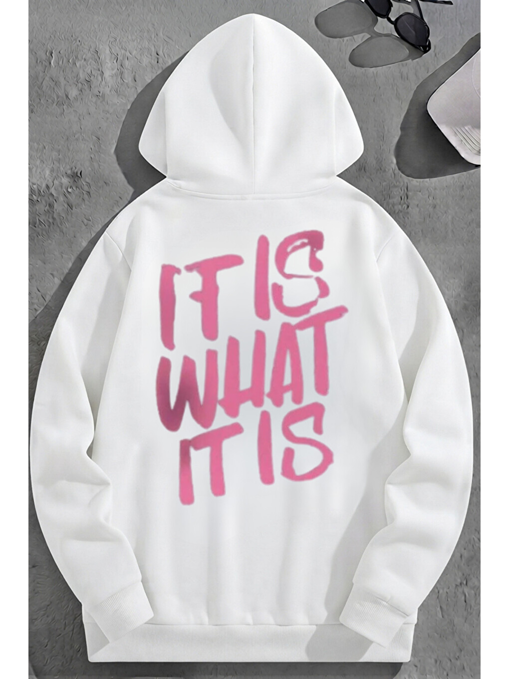 Unisex 3 İplik Pamuklu Beyaz Itıswhat Baskı Bol Kalıp Sweatshirt Hoodie