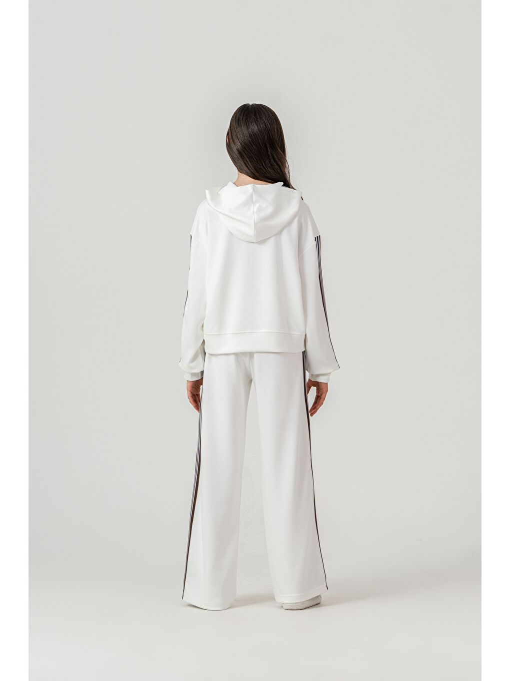 Beyaz Üst Sol Sağ Kollar Şeritli Alt Sol Sağ Şeritli Kız Çocuk Alt Üst Eşofman Takımı-4