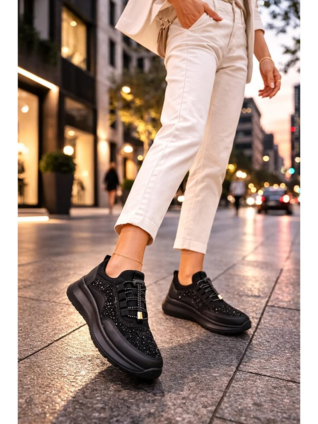 Siyah Kadın Taş İşlemeli Akıllı Bağcıklı Sneaker Kalın Taban Spor Ayakkabı-2