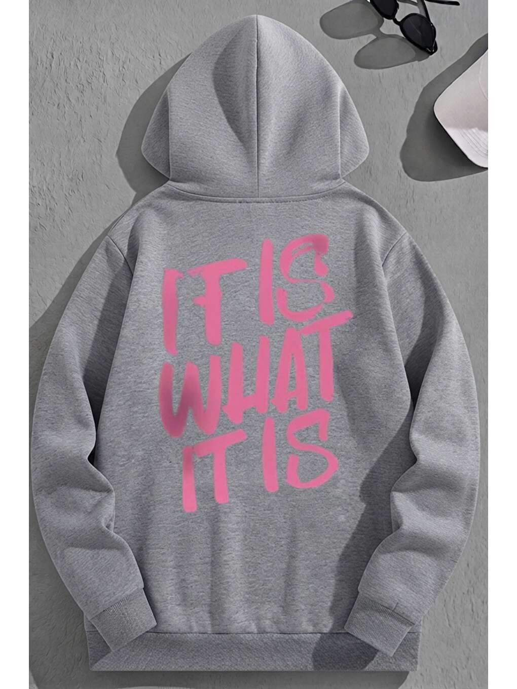 Unisex 3 İplik Pamuklu Gri Itıswhat Baskı Bol Kalıp Sweatshirt Hoodie