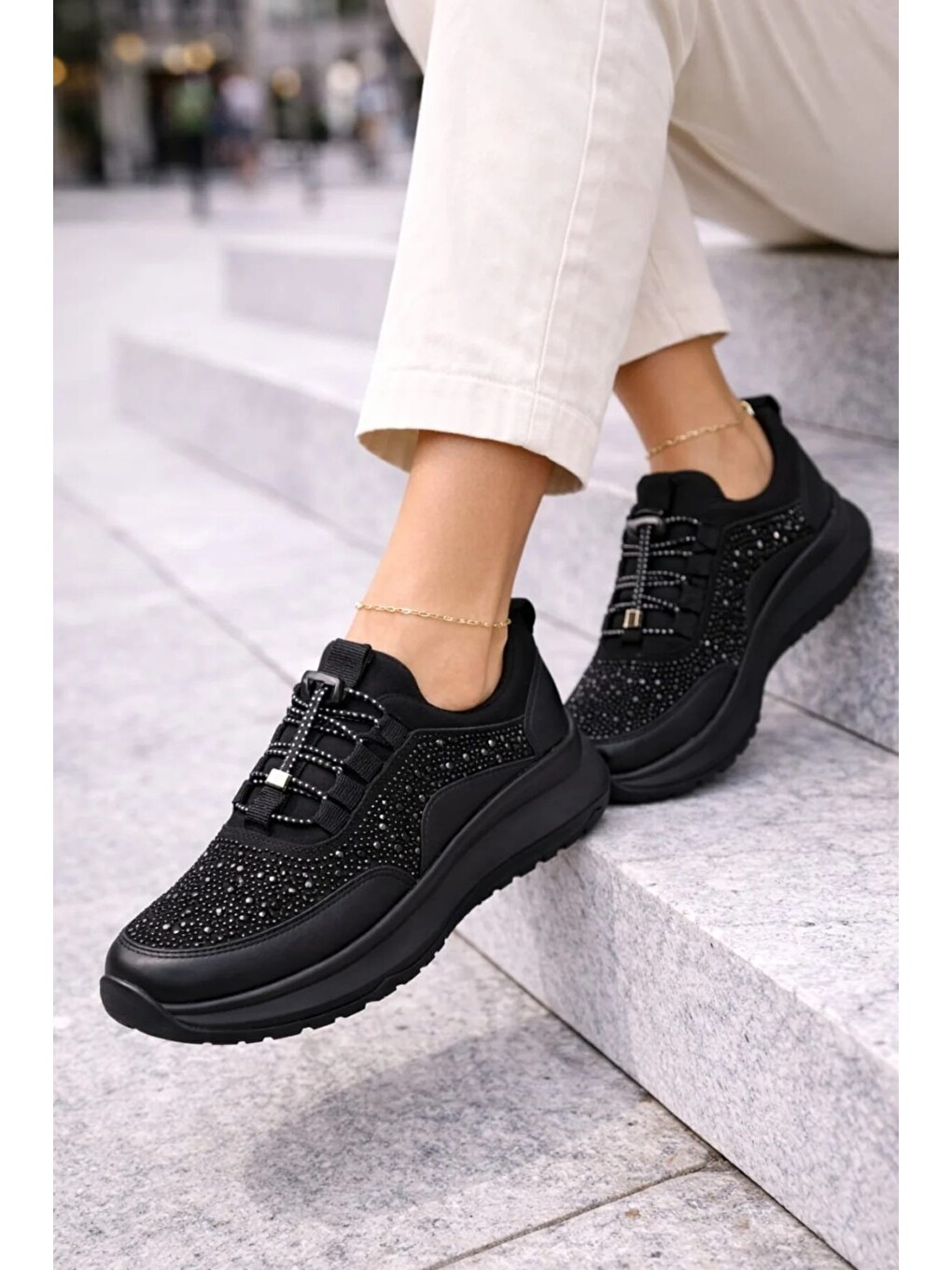 Siyah Kadın Taş İşlemeli Akıllı Bağcıklı Sneaker Kalın Taban Spor Ayakkabı-3
