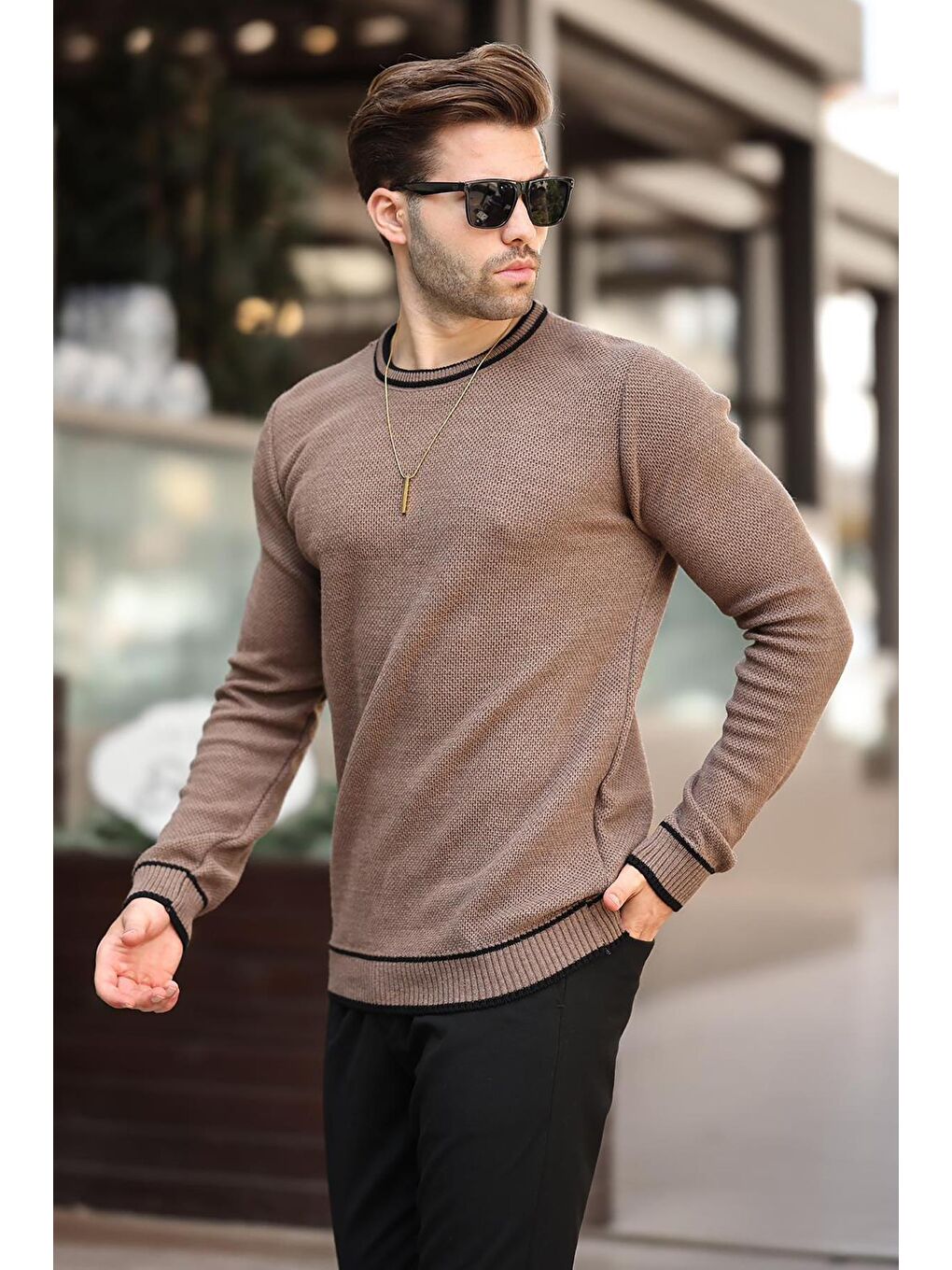 Bej Vizon Bisiklet Yaka Şerit Detaylı Uzun Kollu Örme Kazak 7245