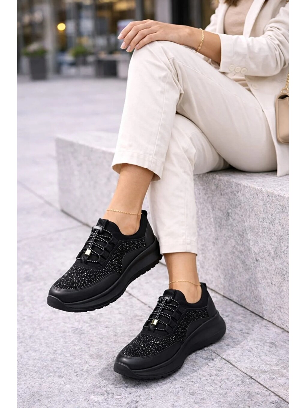 Siyah Kadın Taş İşlemeli Akıllı Bağcıklı Sneaker Kalın Taban Spor Ayakkabı-4
