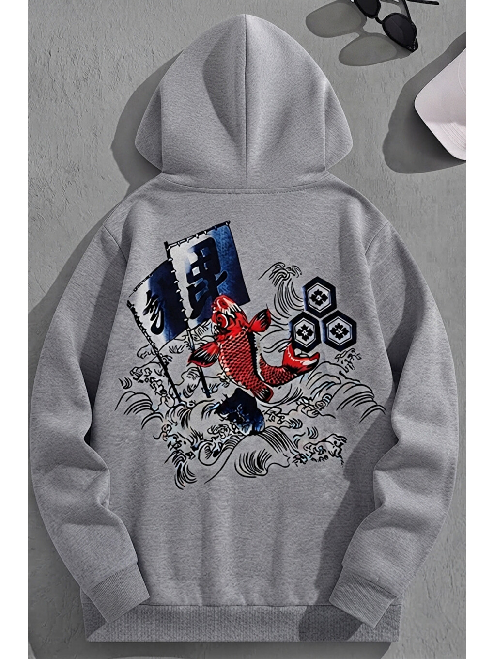 Unisex 3 İplik Pamuklu Gri Japonbalık Baskı Bol Kalıp Sweatshirt Hoodie