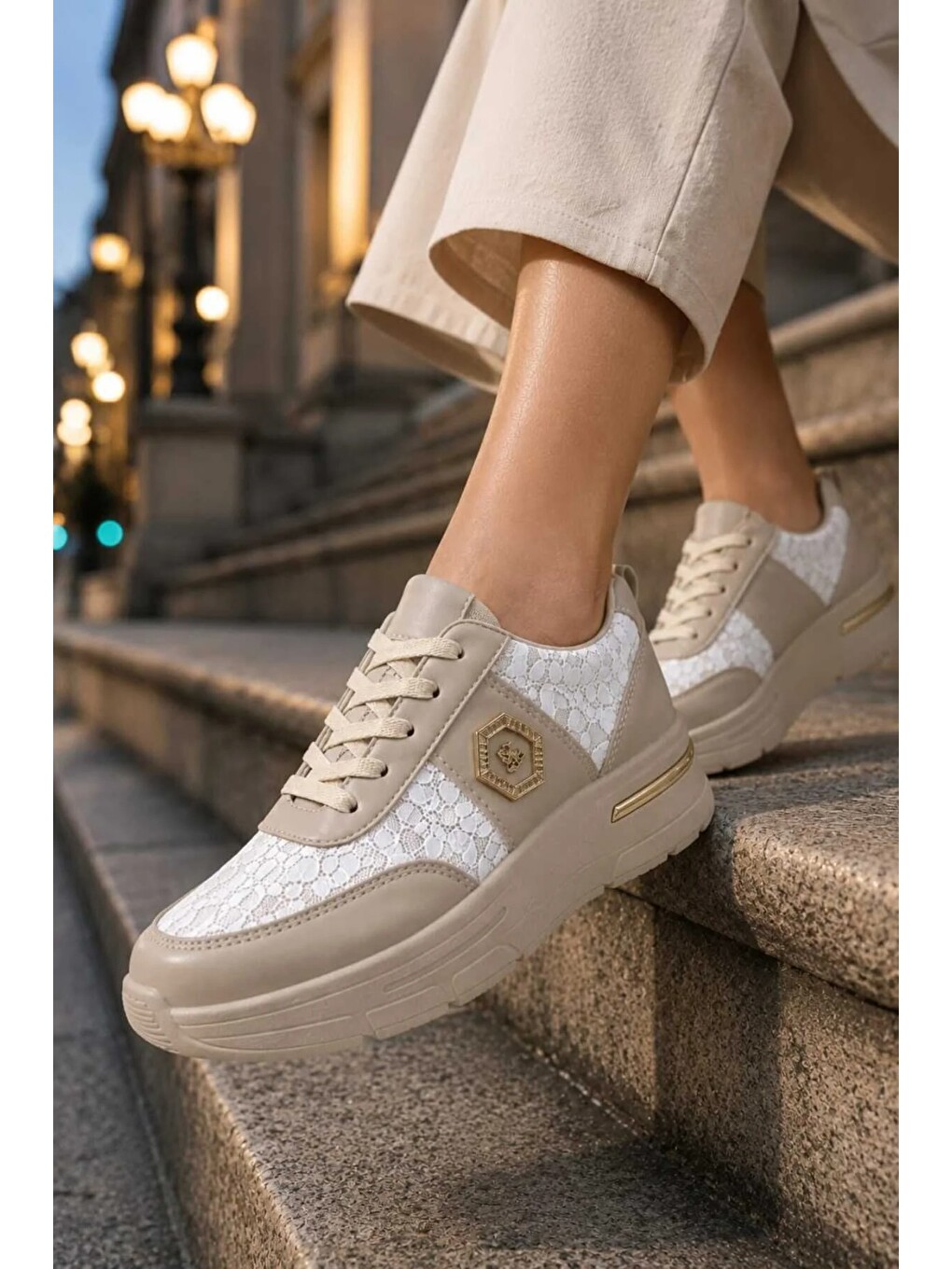 Ekru Dantel Detaylı Trend 5 Cm Platform Yüksek Taban Kadın Sneaker Spor Ayakkabı-2