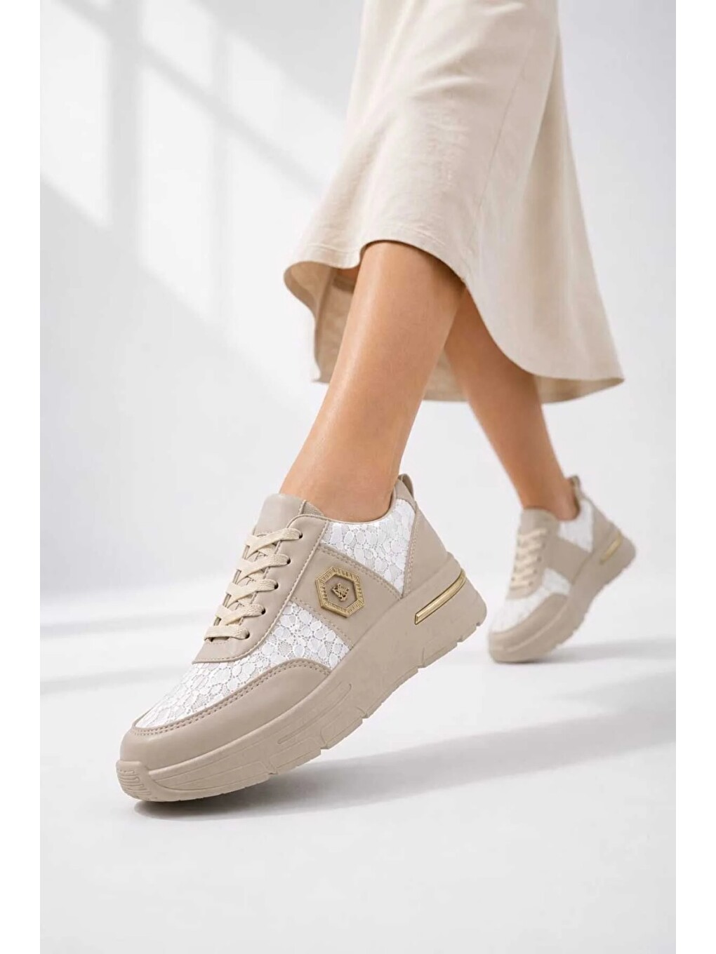 Ekru Dantel Detaylı Trend 5 Cm Platform Yüksek Taban Kadın Sneaker Spor Ayakkabı-3