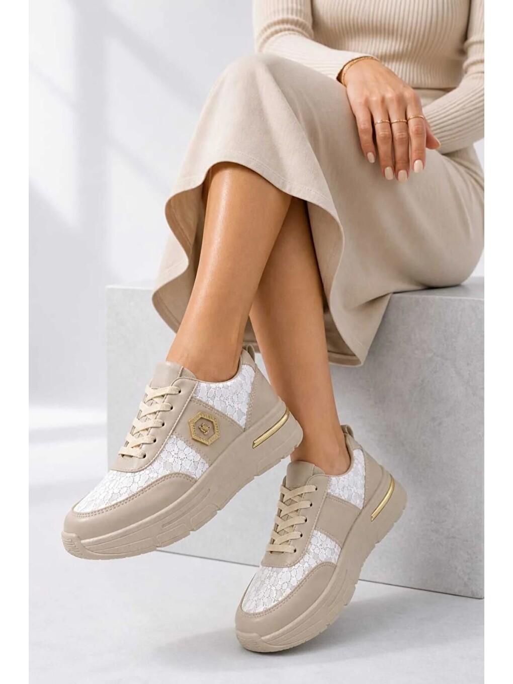 Ekru Dantel Detaylı Trend 5 Cm Platform Yüksek Taban Kadın Sneaker Spor Ayakkabı-4