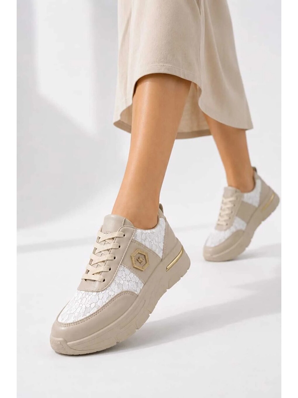 Ekru Dantel Detaylı Trend 5 Cm Platform Yüksek Taban Kadın Sneaker Spor Ayakkabı-5