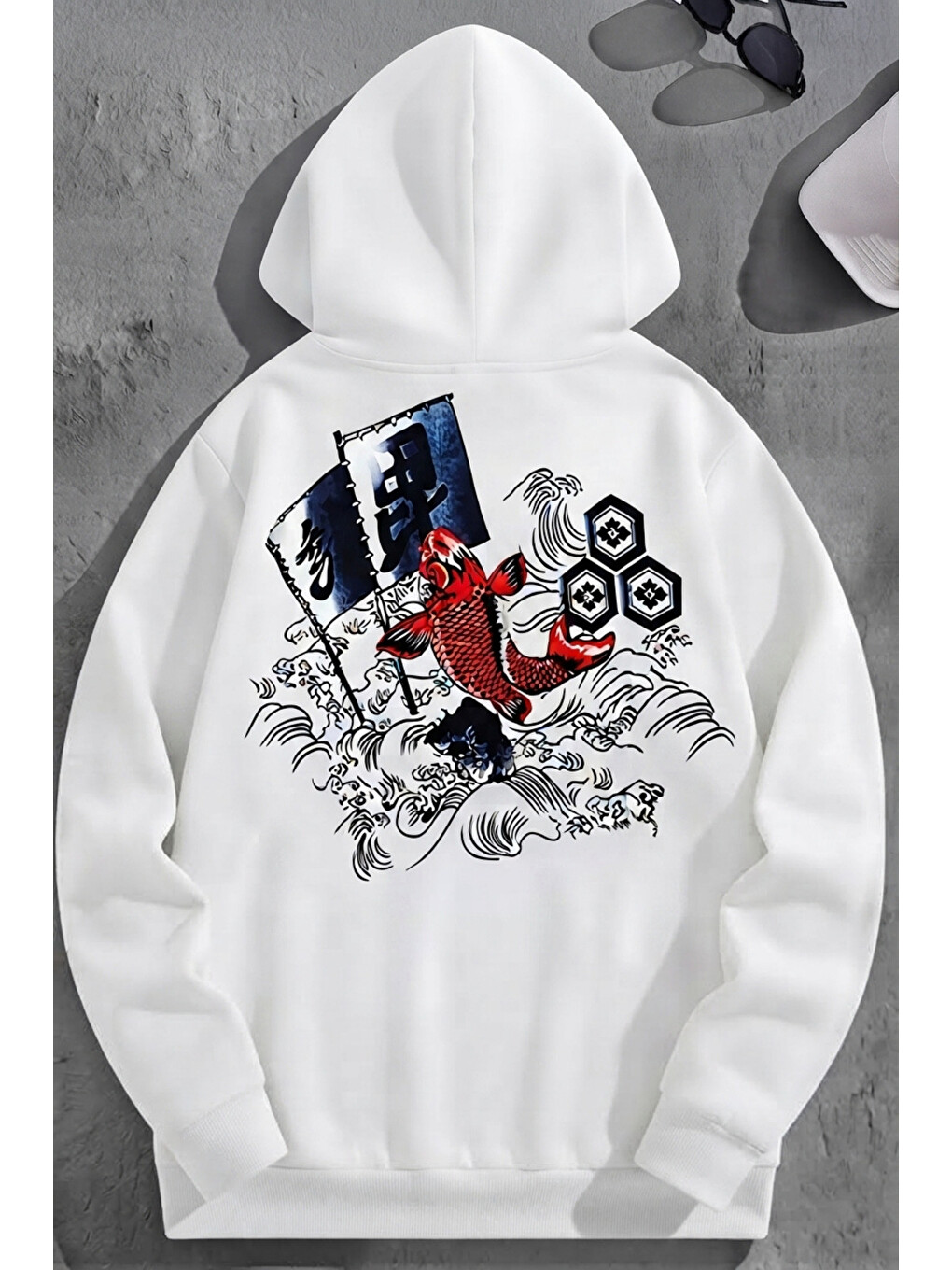 Unisex 3 İplik Pamuklu Beyaz Japonbalık Baskı Bol Kalıp Sweatshirt Hoodie