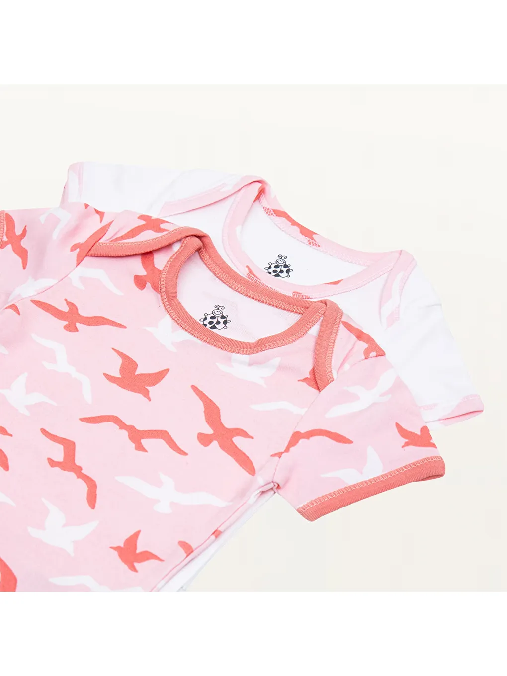 Pembe Turna 2'li Bebek Zıbın Kısa Kollu Organik Beyaz-Somon-4