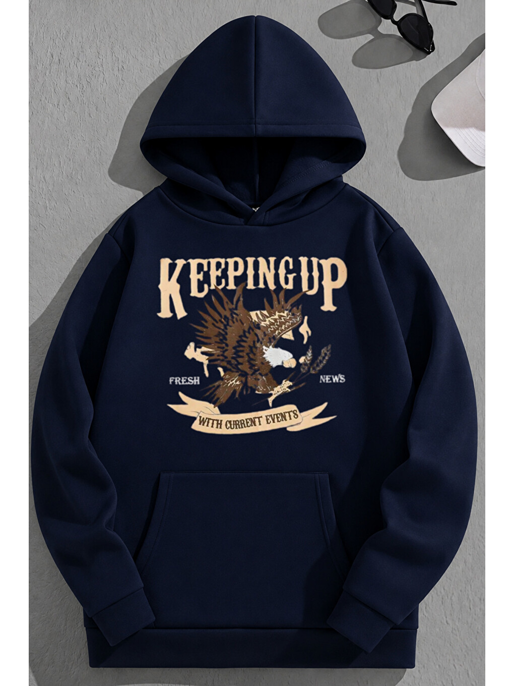 Unisex 3 İplik Pamuklu Lacivert Keepingup Baskı Bol Kalıp Sweatshirt Hoodie