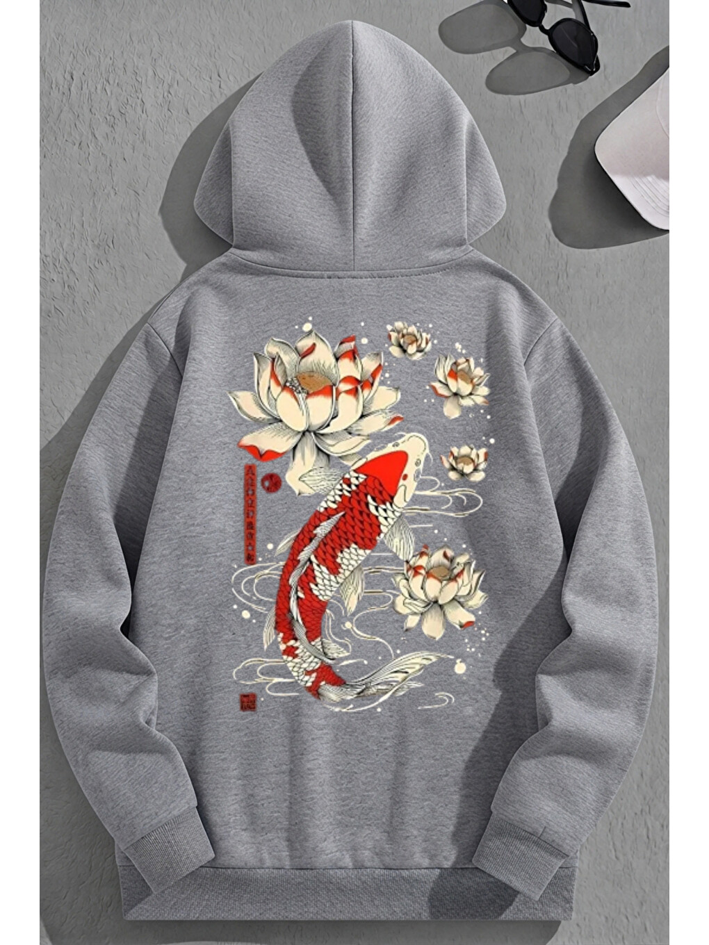 Unisex 3 İplik Pamuklu Gri Koreafish Baskı Bol Kalıp Sweatshirt Hoodie