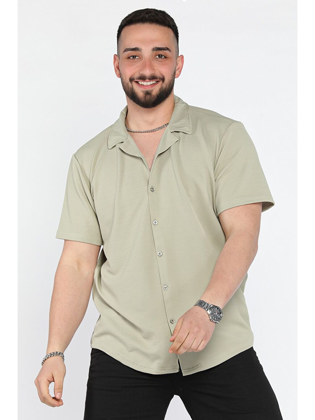 Haki Apaş Yaka Erkek Kısa Kol Gömlek