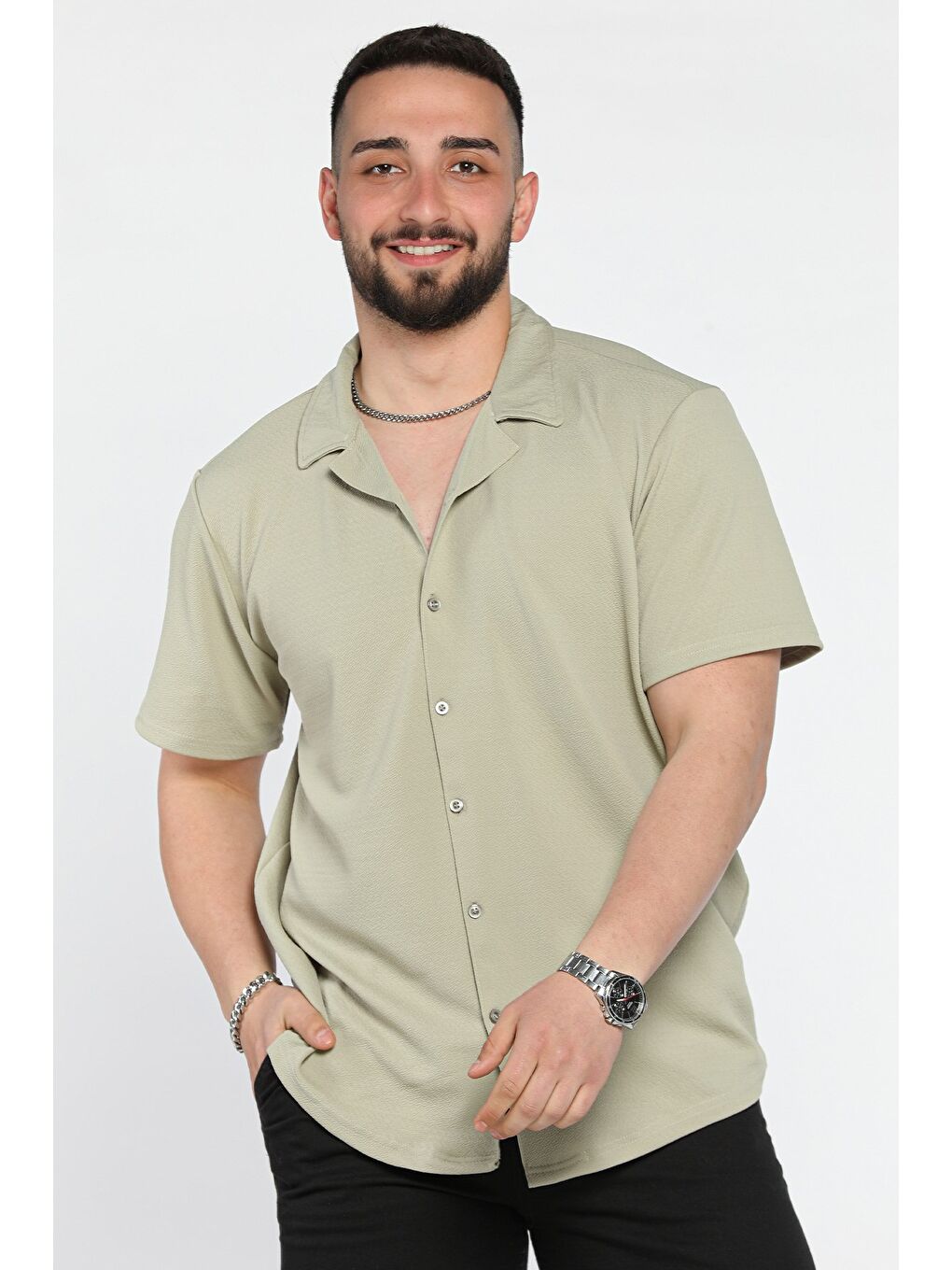 Haki Apaş Yaka Erkek Kısa Kol Gömlek-1