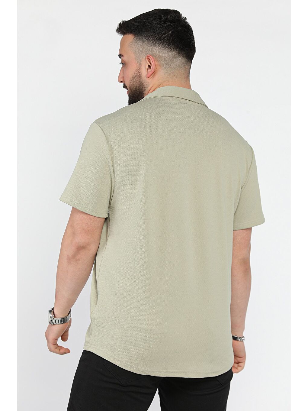 Haki Apaş Yaka Erkek Kısa Kol Gömlek-2
