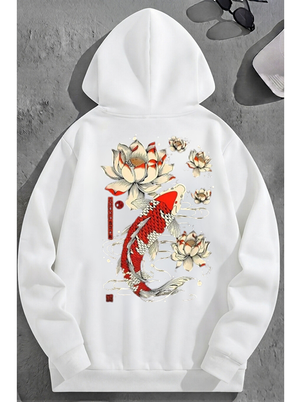 Unisex 3 İplik Pamuklu Beyaz Koreafish Baskı Bol Kalıp Sweatshirt Hoodie