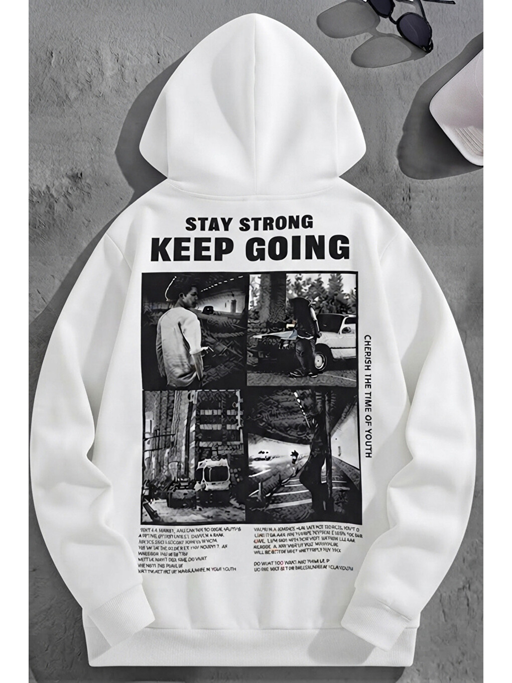 Unisex 3 İplik Pamuklu Beyaz Keepgoing Baskı Bol Kalıp Sweatshirt Hoodie