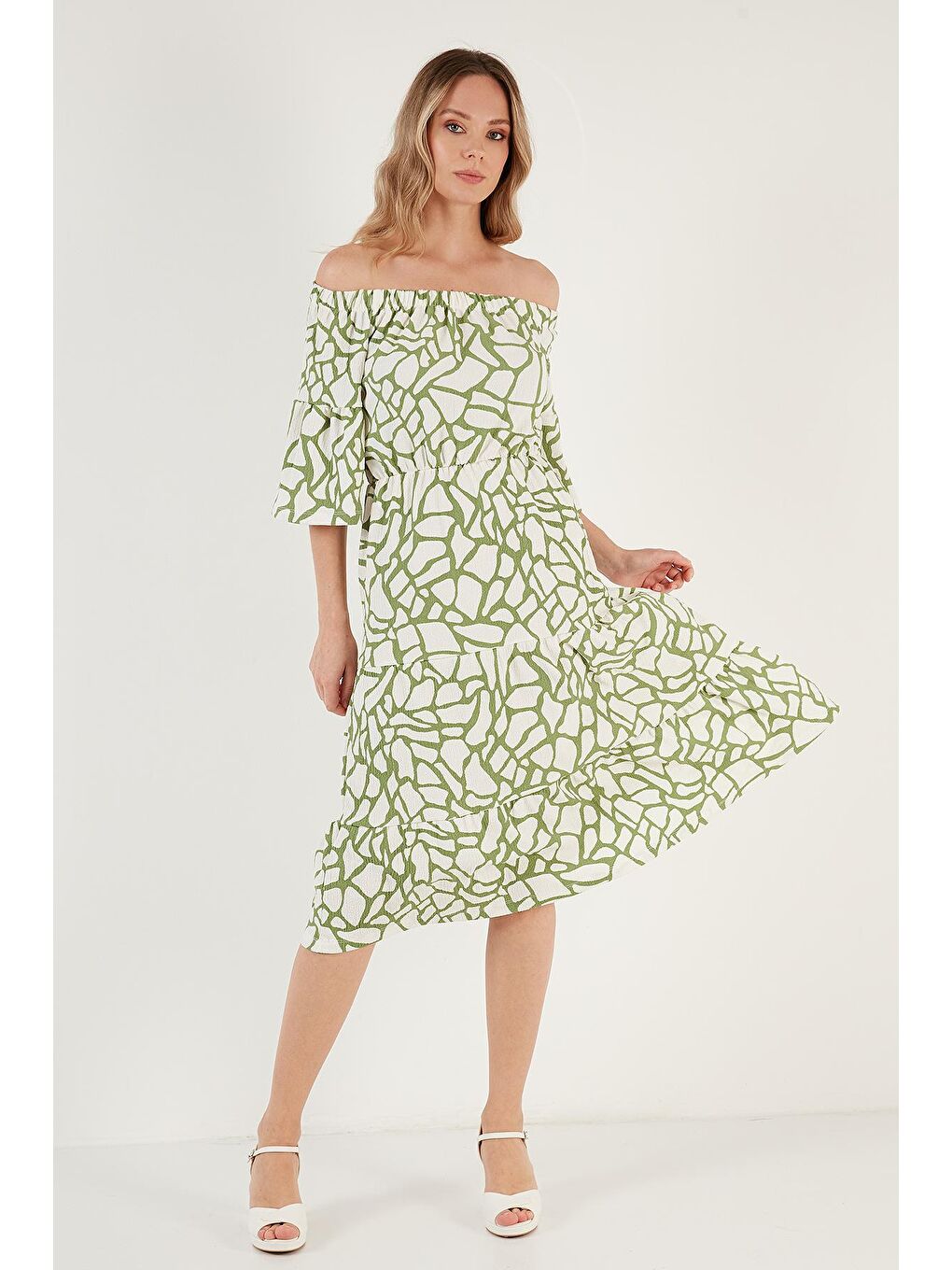 Lila Desenli Carmen Yaka Midi Elbise Kadın Elbise 5865623-1