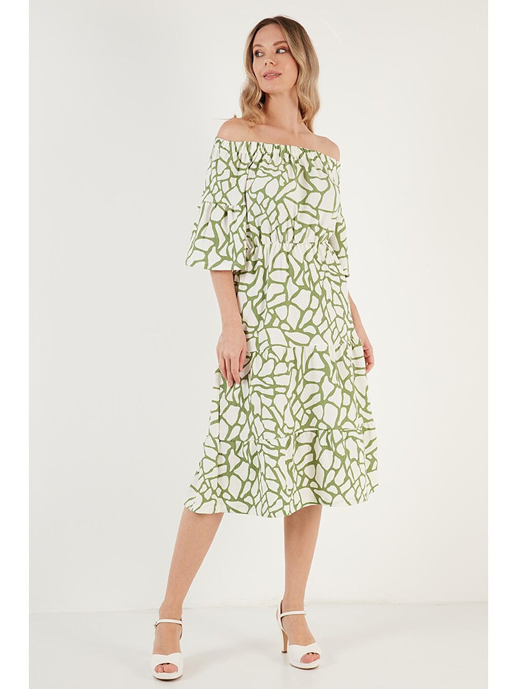 Lila Desenli Carmen Yaka Midi Elbise Kadın Elbise 5865623-2