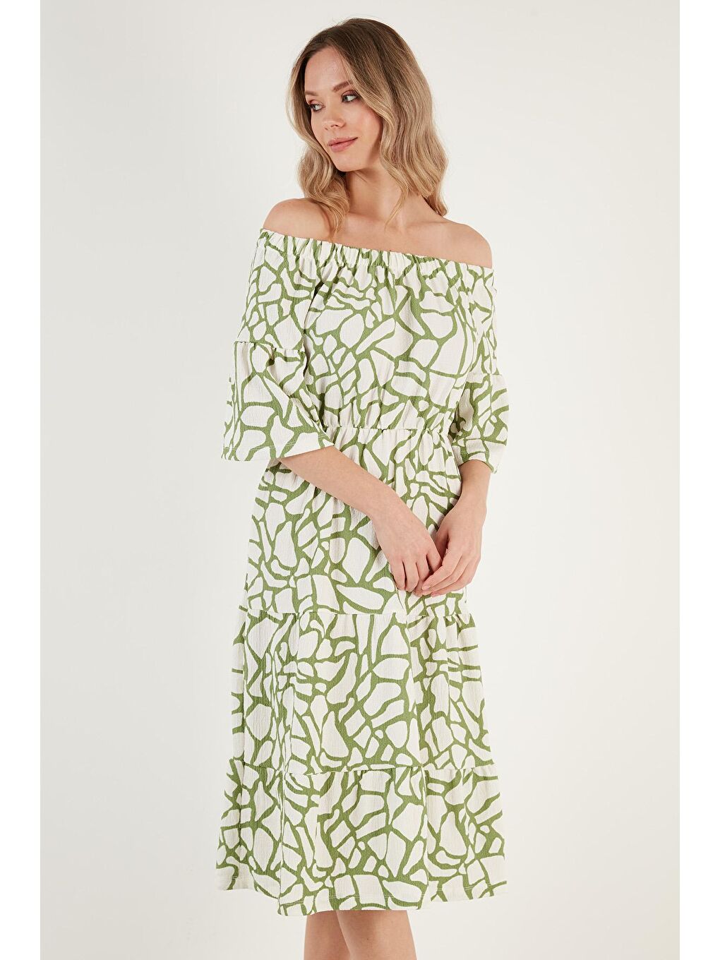 Lila Desenli Carmen Yaka Midi Elbise Kadın Elbise 5865623-3