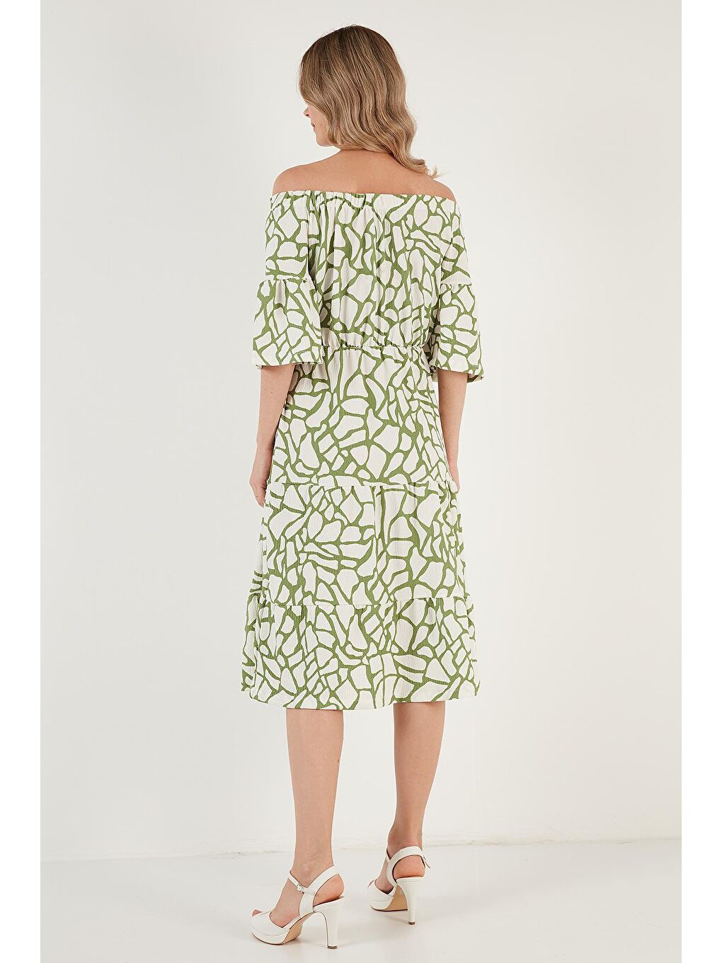 Lila Desenli Carmen Yaka Midi Elbise Kadın Elbise 5865623-4