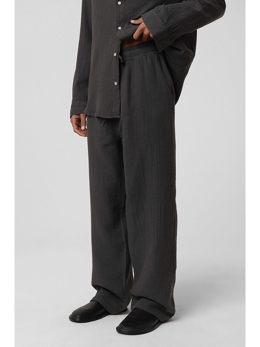 Baggy Fit Müslin Keten Pantolon Antrasit-1